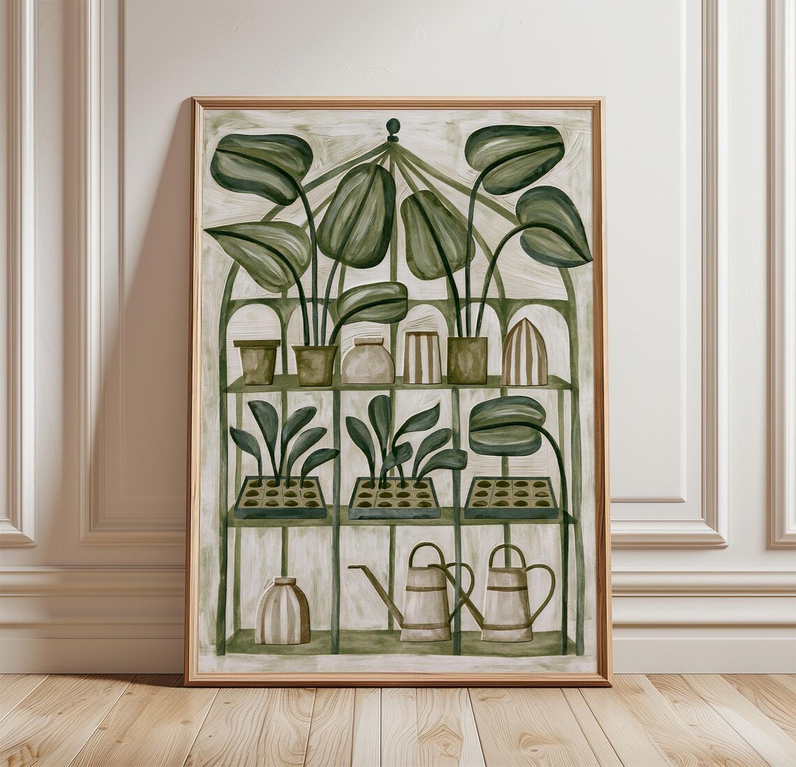 Sage Green Greenhouse Botanical Shelves Plant Illustration Wall Art