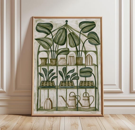 Greenhouse Botanical Print Sage Green Plant Wall Art Shelf Painting