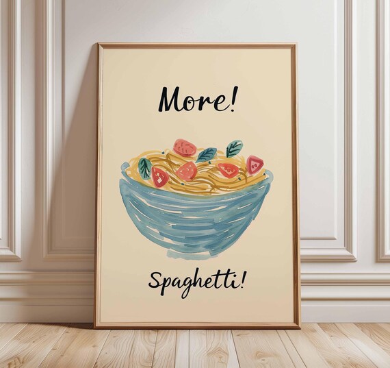 More Spaghetti Watercolor Pasta Bowl Italian Kitchen Wall Poster