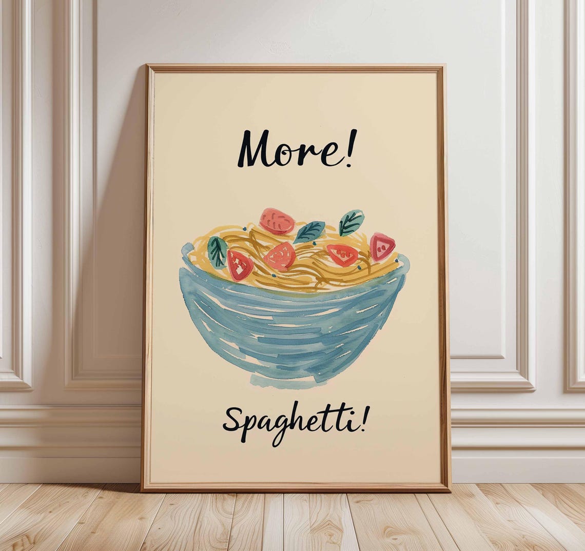 More Spaghetti Watercolor Pasta Bowl Italian Kitchen Wall Poster
