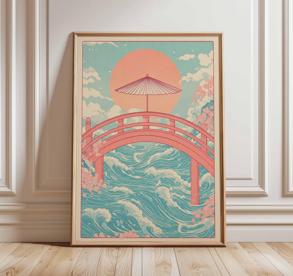 Japanese Red Bridge Over Waves at Sunrise with Parasol Poster