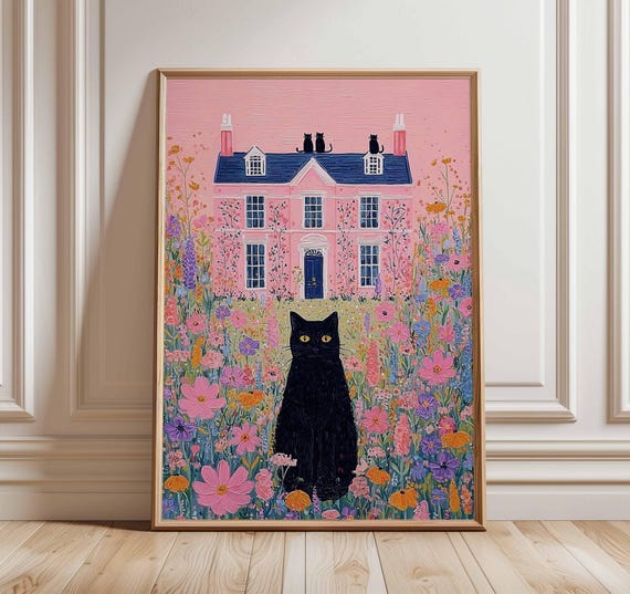 Whimsical Black Cat Pink House Art Print Floral Cottagecore Maximalist Wall Decor Poster