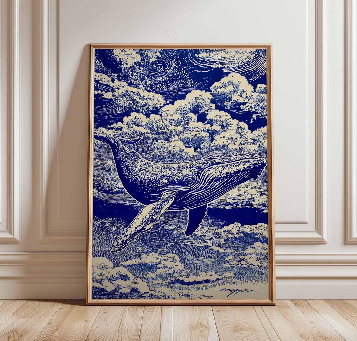 Indigo Blue Humpback Whale Woodcut Ocean Waves Art Deco Poster
