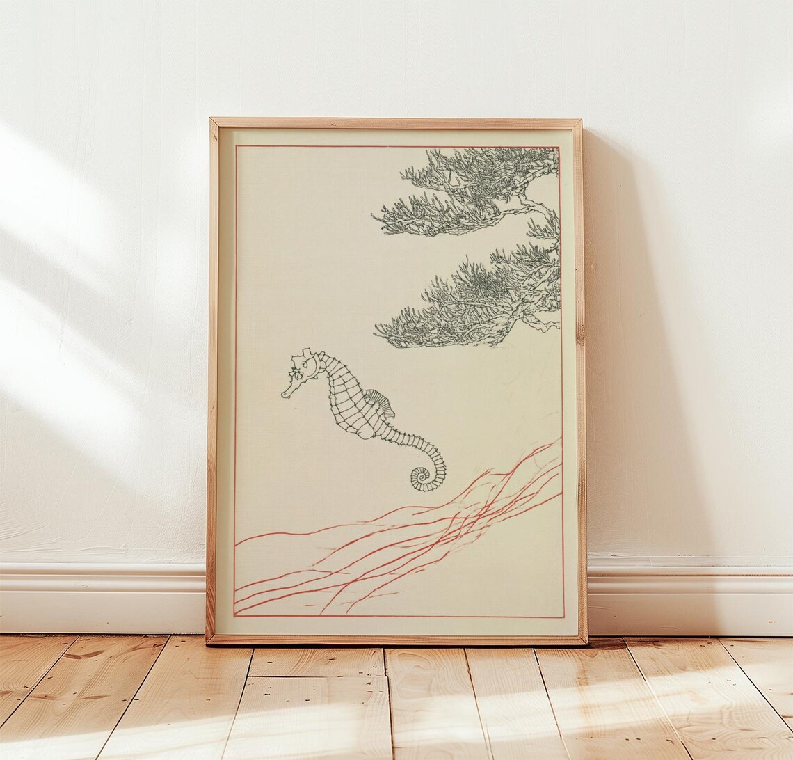 Seahorse Coastal Line Drawing, Minimal Ocean Poster