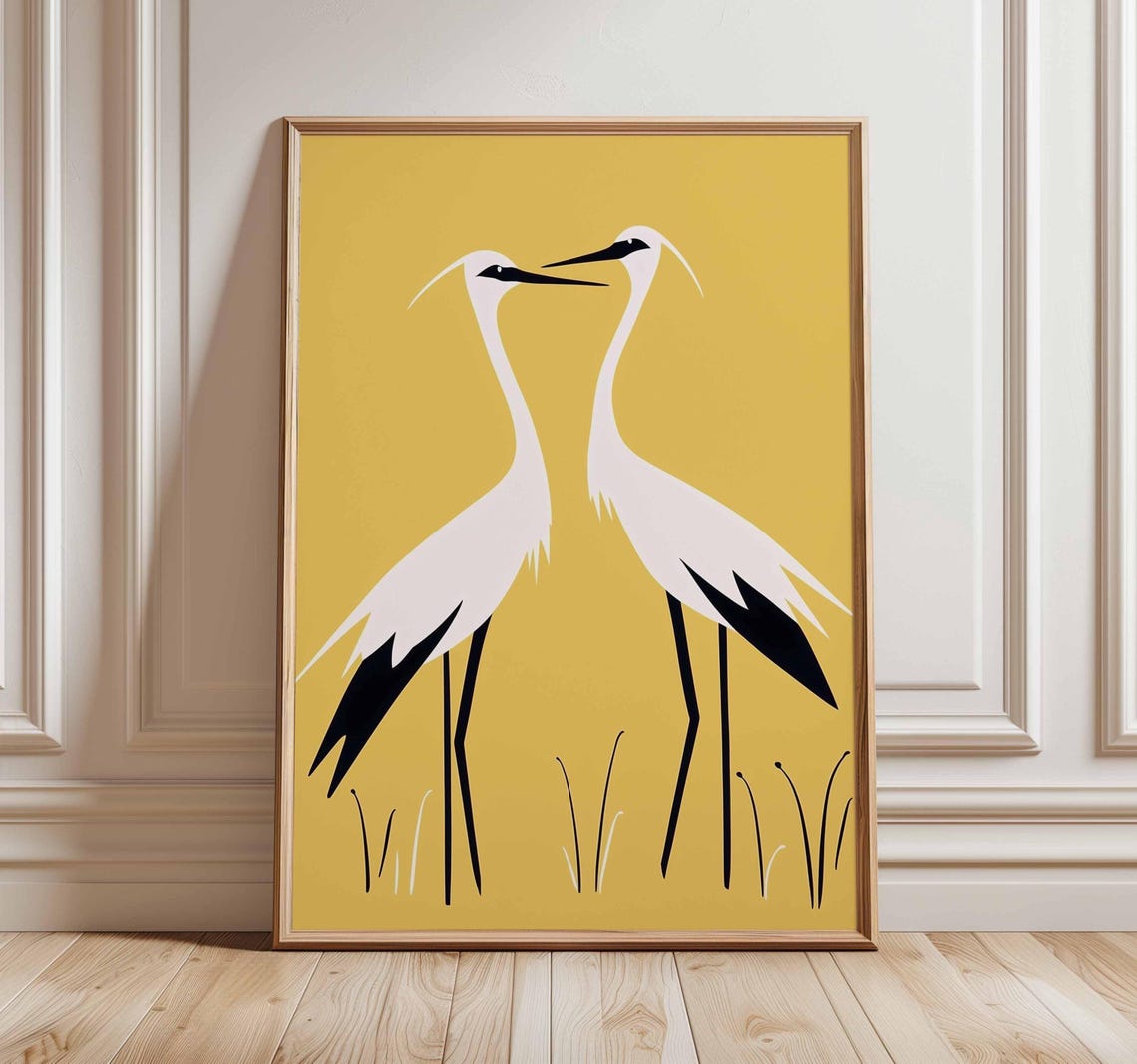 Mustard Yellow Facing Crane Pair Minimalist Graphic Bird Art Print