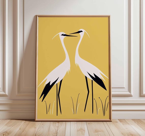 Minimalist Crane Art Print Modern Bird Wall Decor Yellow Heron Couple Poster Japanese Style Wildlife Illustration Elegant Nature
