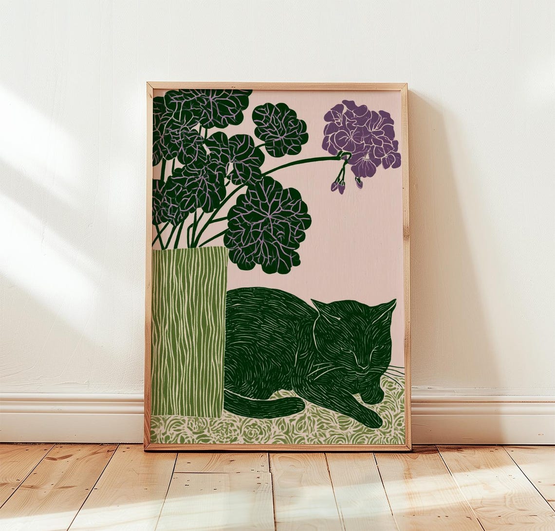 Black Cat Botanical Poster Vintage Floral Wall Art Cottagecore Print