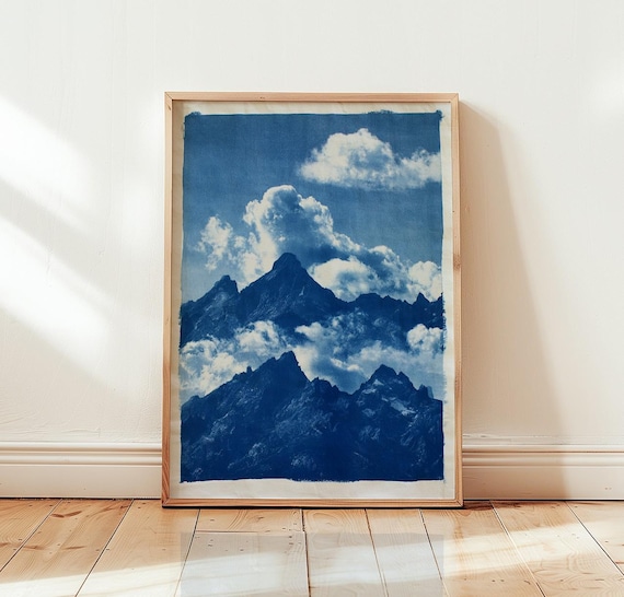 Cyanotype Blue Alpine Peaks Clouds Vintage Mountain Photo Poster