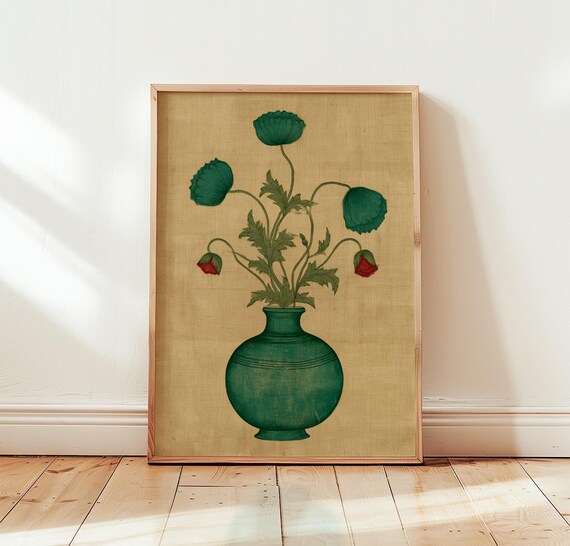 Green Poppies In Vase Vintage Botanical Floral Still Life Poster