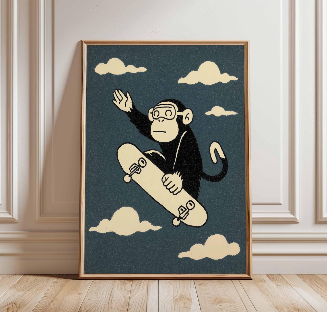 Skateboarding Monkey Retro Style Art Print