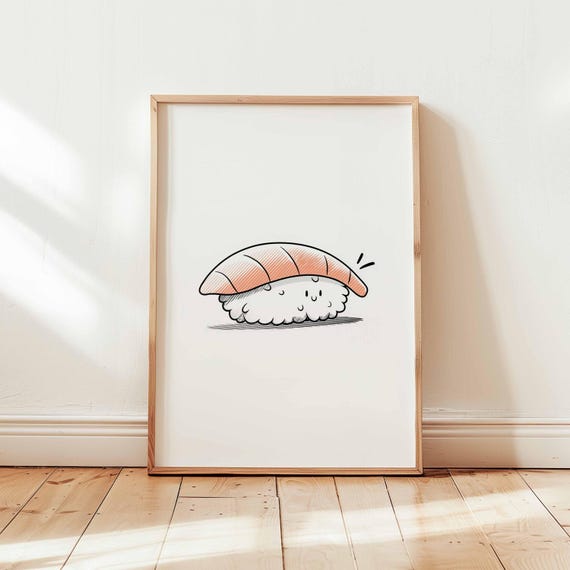 Cute Sushi Wall Art Print Kawaii Food Poster Minimalist Japanese Kitchen Decor Funny Salmon Nigiri Illustration Unframed Artwork