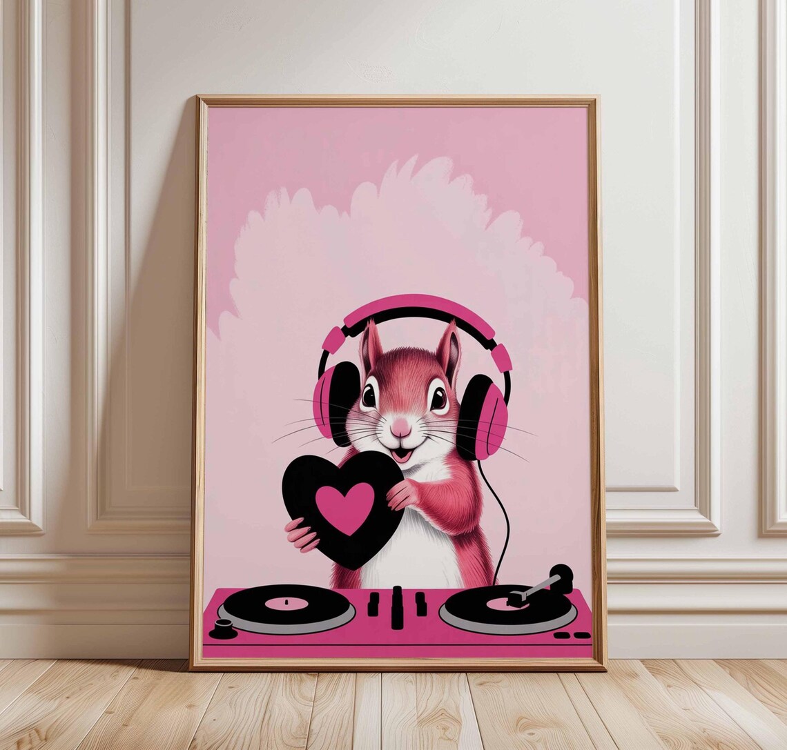 Pink DJ Squirrel With Headphones At Turntables Funny Animal Poster