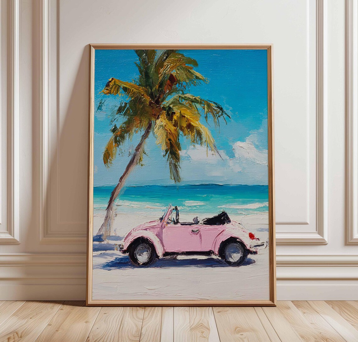 Pink Vintage Beetle Convertible Beach Palm Summer Holiday Poster