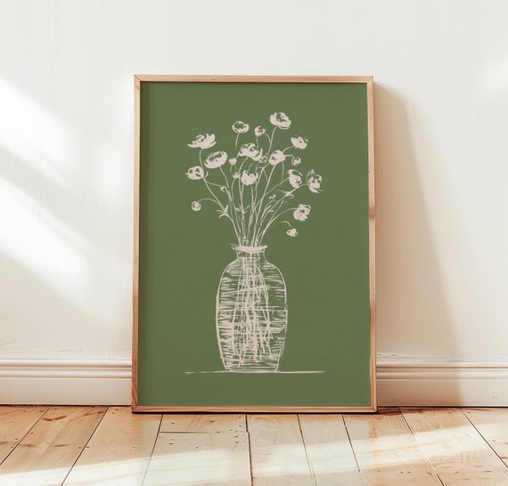 White Floral Vase Poster Green Botanical Wall Art Minimalist Print