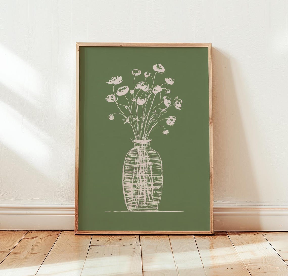 White Wildflowers In Vase Sage Green Botanical Line Art Poster