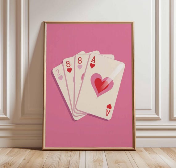 Pink Playing Cards Poster Heart Wall Art Cute Poker Print For Game Room Love Theme Decor 2 8 Ace Illustration