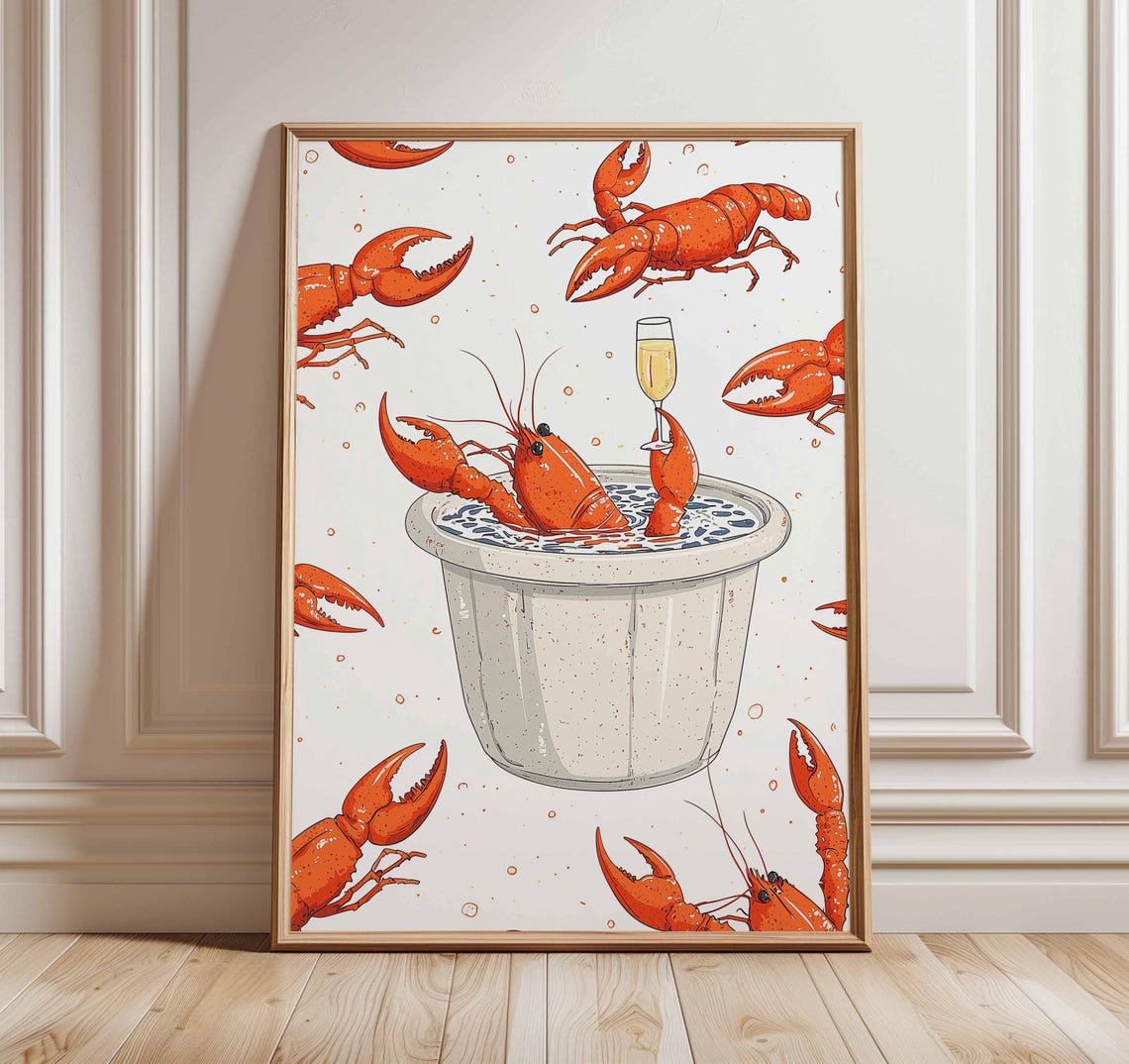Lobster Wall Art Print Funny Kitchen Poster Quirky Seafood Illustration Coastal Nautical Decor Dining Room Bar Artwork