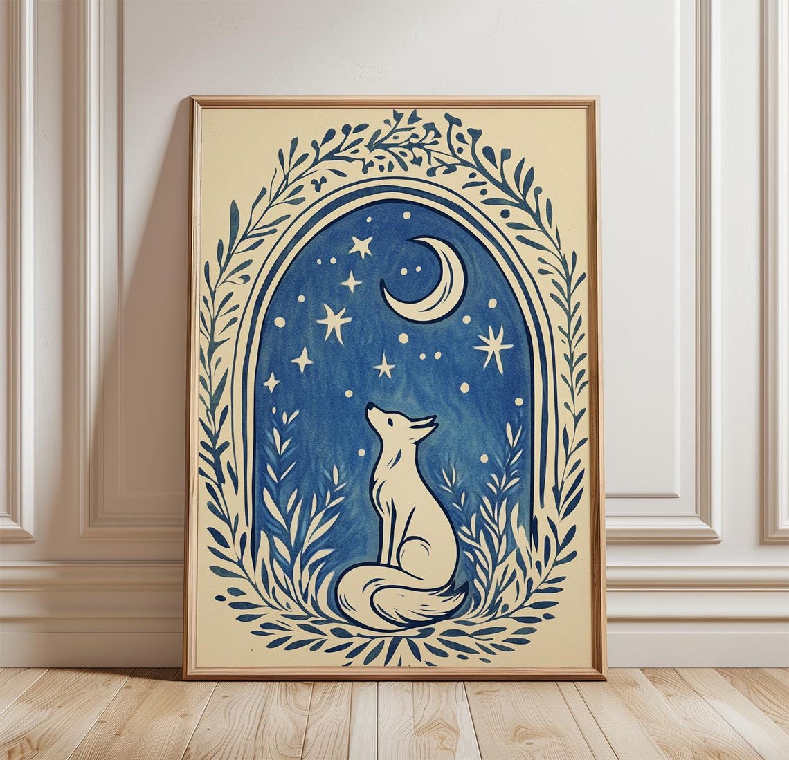 Fox Moon Poster Celestial Animal Wall Art Print Night Sky Illustration Folk Style Woodland Artwork Blue Nature Decor