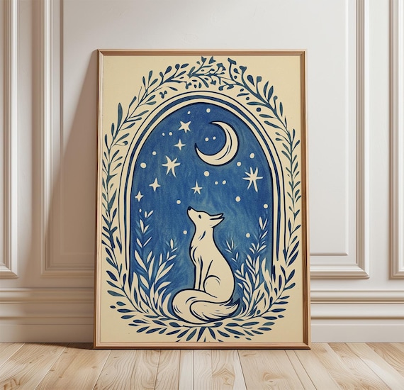 Fox Moon Poster Celestial Animal Wall Art Print Night Sky Illustration Folk Style Woodland Artwork Blue Nature Decor