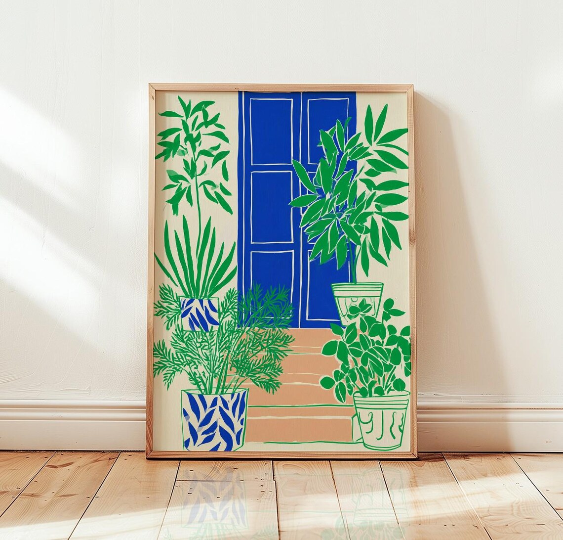 Blue Door Houseplant Print, Mediterranean Decor