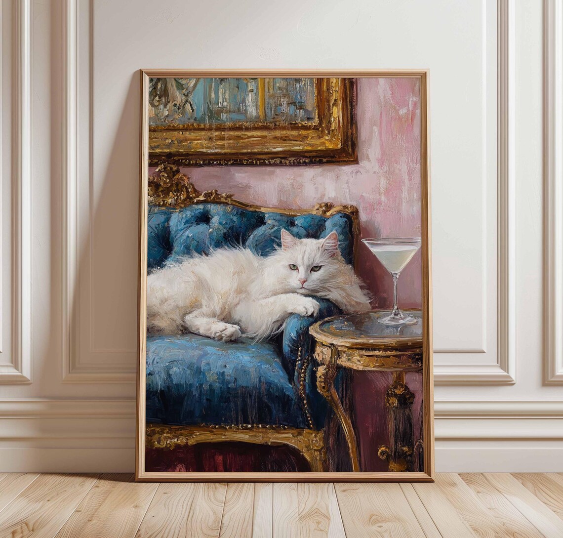 White Cat Lounging On Blue Sofa With Martini Funny Portrait Print