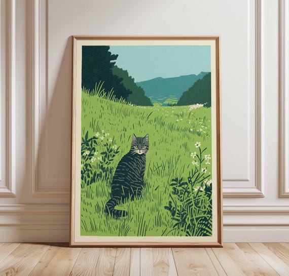 Cat In Meadow Poster Print Peaceful Nature Wall Art Green Landscape With Modern Animal Illustration Countryside Decor