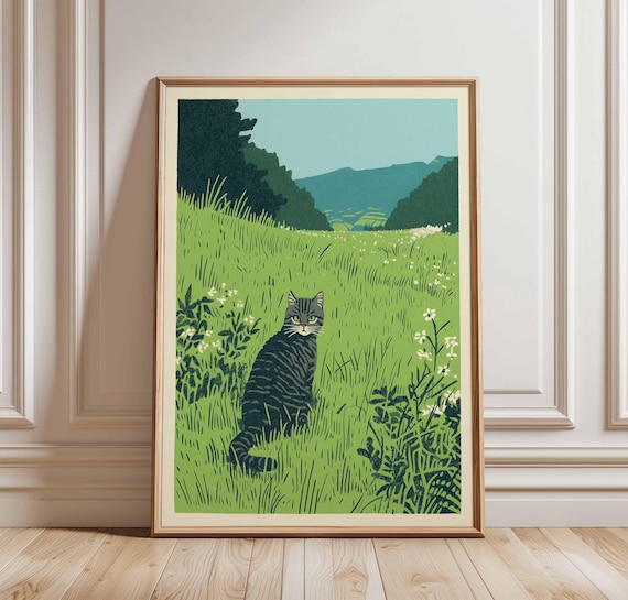 Tabby Cat In Green Meadow Poster Woodcut Style Animal Nature Decor