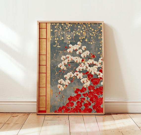 Red Orchid Print Grey Botanical Wall Art Batik Paper Poster