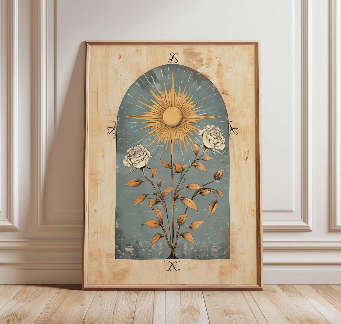 Vintage Golden Sun and Rose Celestial Botanical Arch Art Print
