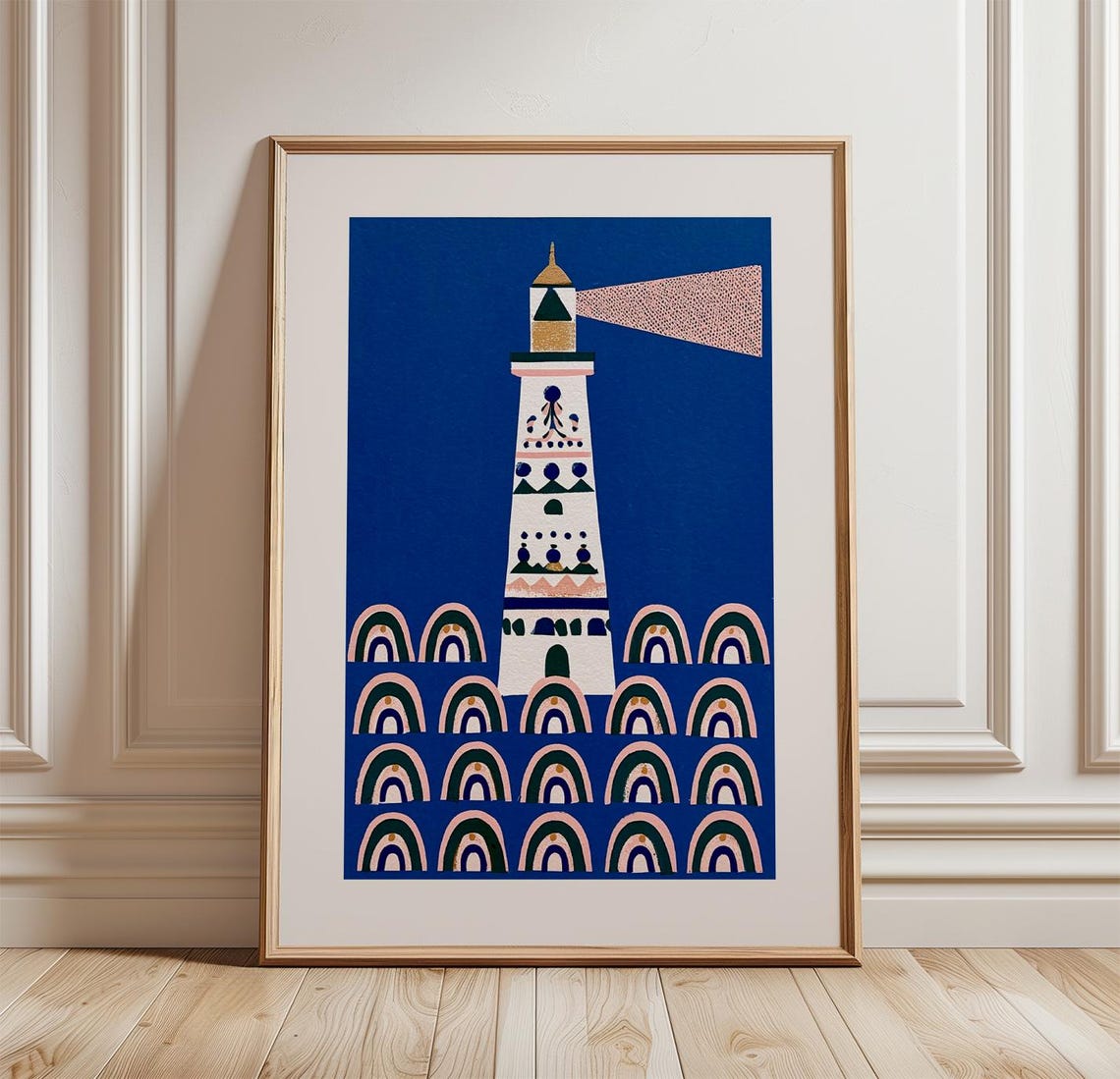 Whimsical Lighthouse Blue Ocean Waves Folk Art Coastal Scene Poster