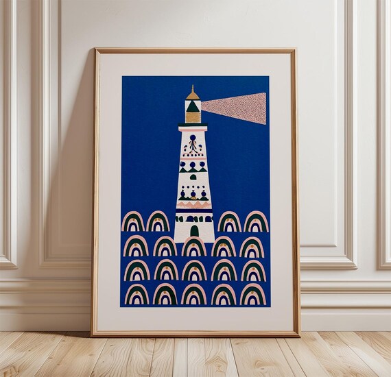 Lighthouse Poster Coastal Nautical Print Blue Ocean Wall Art