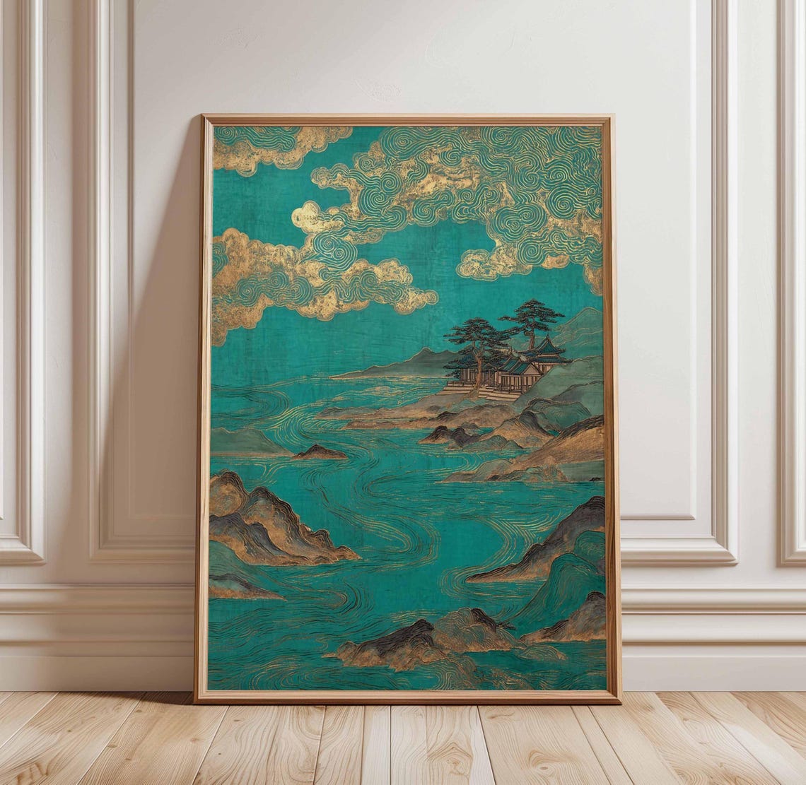 Golden Cloud Japanese Coastal Landscape Temple Serene Art Poster