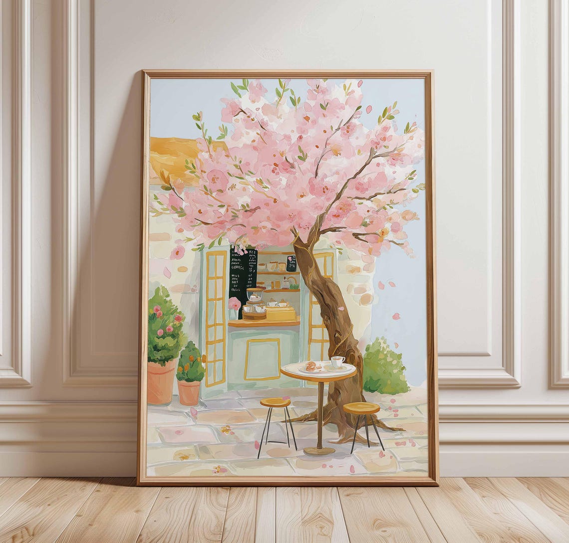Cherry Blossom Cafe Poster Pink Flower Tree Coffee Shop Wall Decor