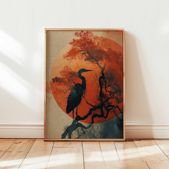 Heron Silhouette On Gnarled Branch Beneath Red Sun Japanese Poster