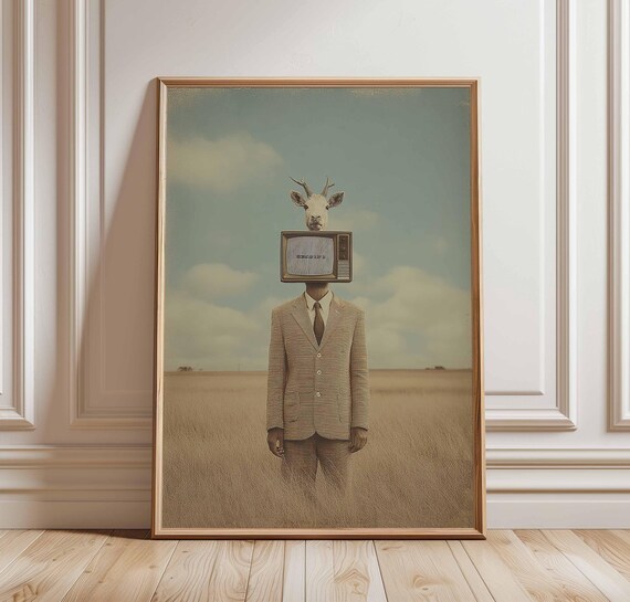 Surreal Deer Tv Poster Vintage Surrealist Wall Art Retro Animal Suit Print Absurdist Conceptual Decor Weird Gift For Him