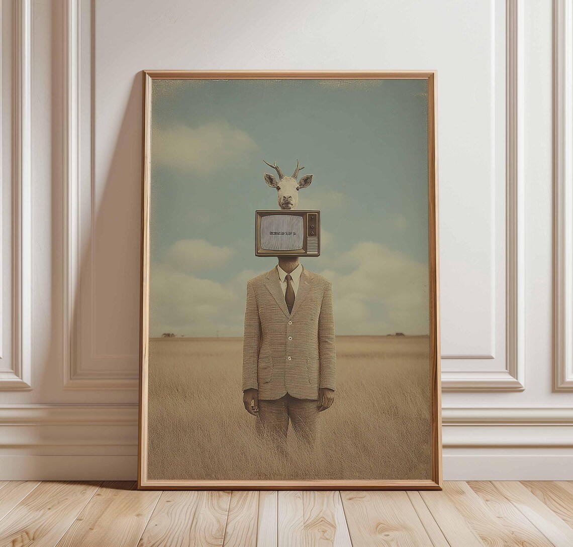 Surrealist Man With TV Head And Deer Vintage Conceptual Art Poster