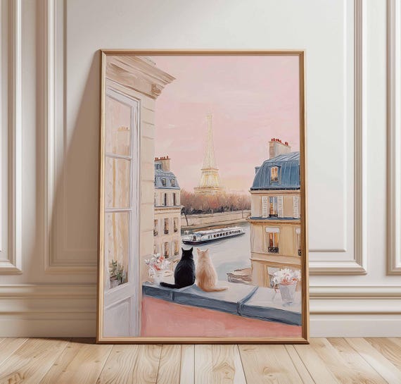 Paris Cat Poster Wall Art Eiffel Tower View Print Romantic French Balcony Decor Black Cats Illustration Parisian Home Gift