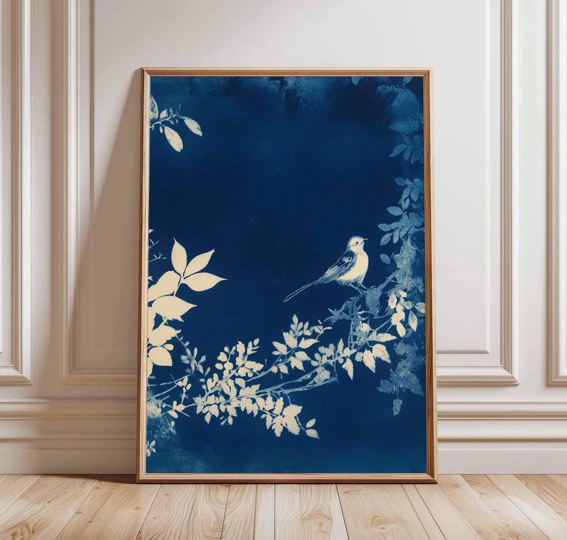 Blue Bird on Leafy Branches Cyanotype Botanical Indigo Wall Art