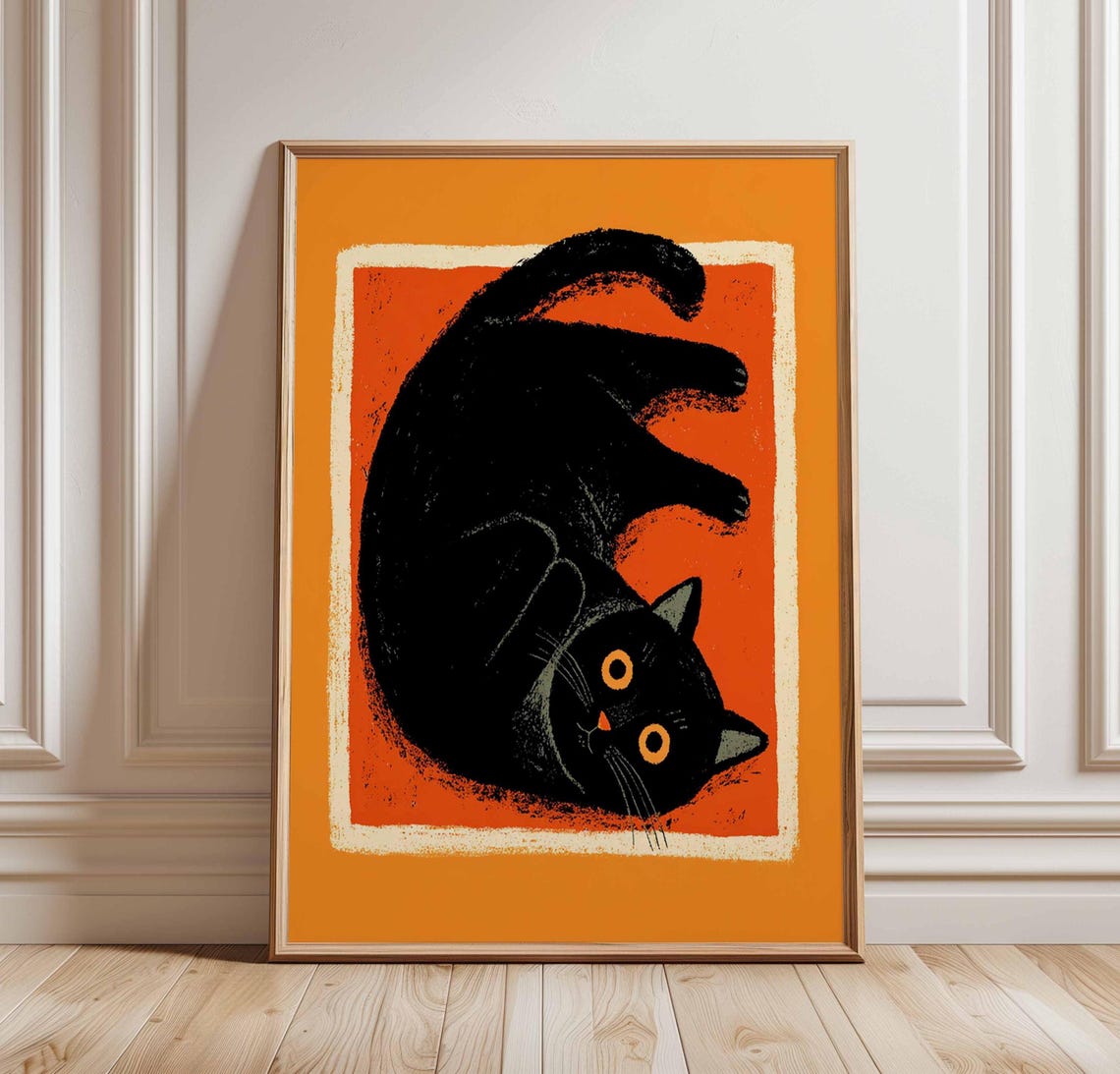 Black Cat Poster Retro Wall Art Orange Print Mid Century Modern Decor Halloween Illustration Cute