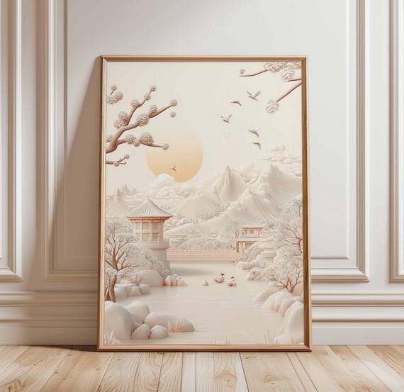 Chinese Landscape Poster Minimalist Asian Art Traditional Ink And Watercolor Tranquil Mountain Lake Zen Wall