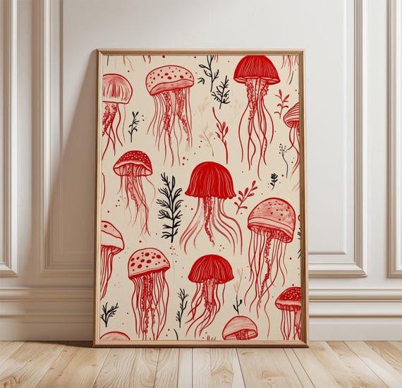Jellyfish Pattern Poster Ocean Wall Art Print Marine Illustration Decor Nautical Coastal Repeat Design