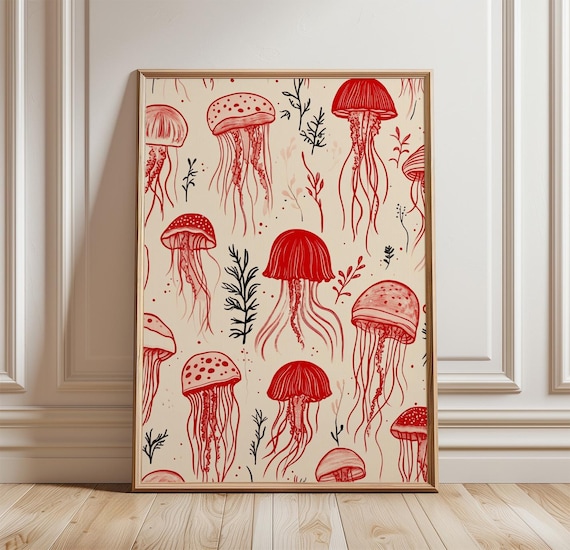 Red Jellyfish Pattern Seaweed Sprigs Vintage Ocean Art Poster