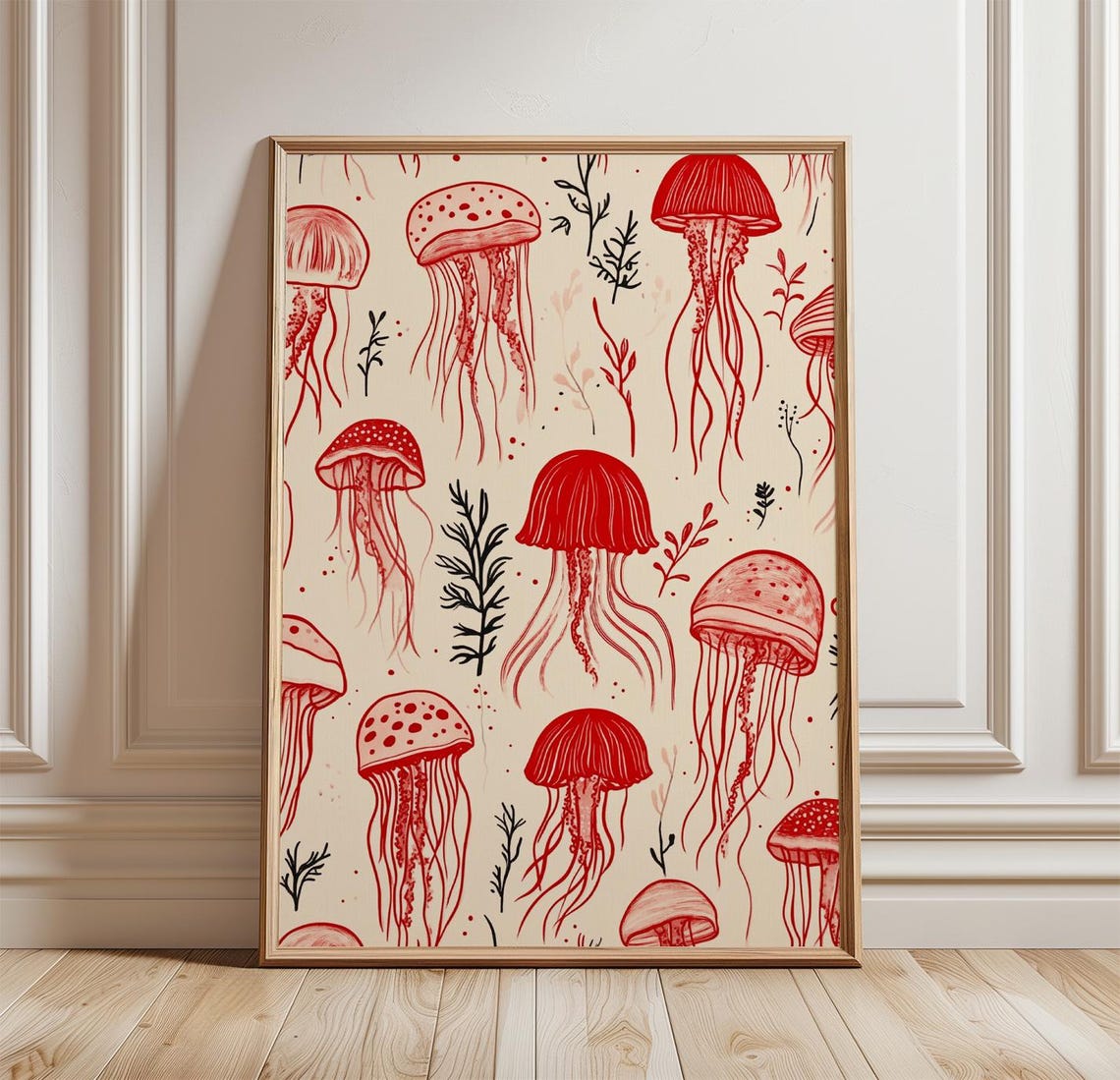Red Jellyfish Pattern Seaweed Sprigs Vintage Ocean Art Poster
