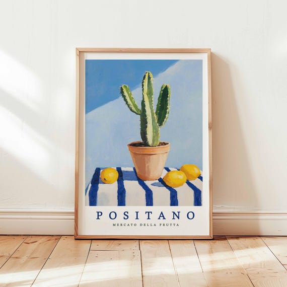 Positano Cactus And Lemon Poster Mediterranean Kitchen Wall Art Italian Market Print Blue Stripe Still Life Unframed Decor