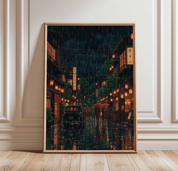 Rainy Japanese Street Glowing Lantern Night Scene Kyoto Poster