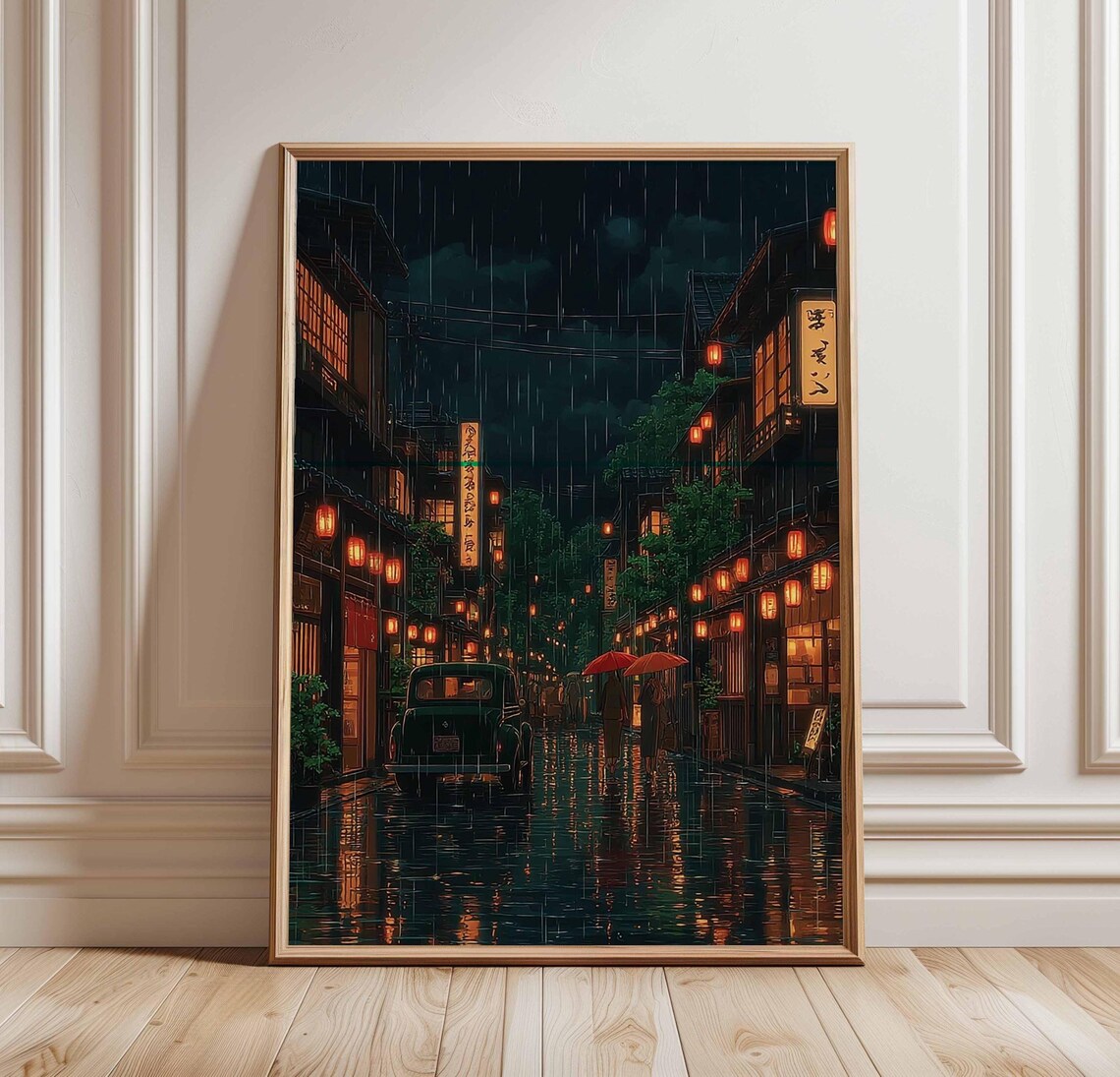 Japanese Rainy Street Print Kyoto Night Scene Wall Art Lanternlit Alleyway Poster Japan Urban Rain Anime Cityscape Decor