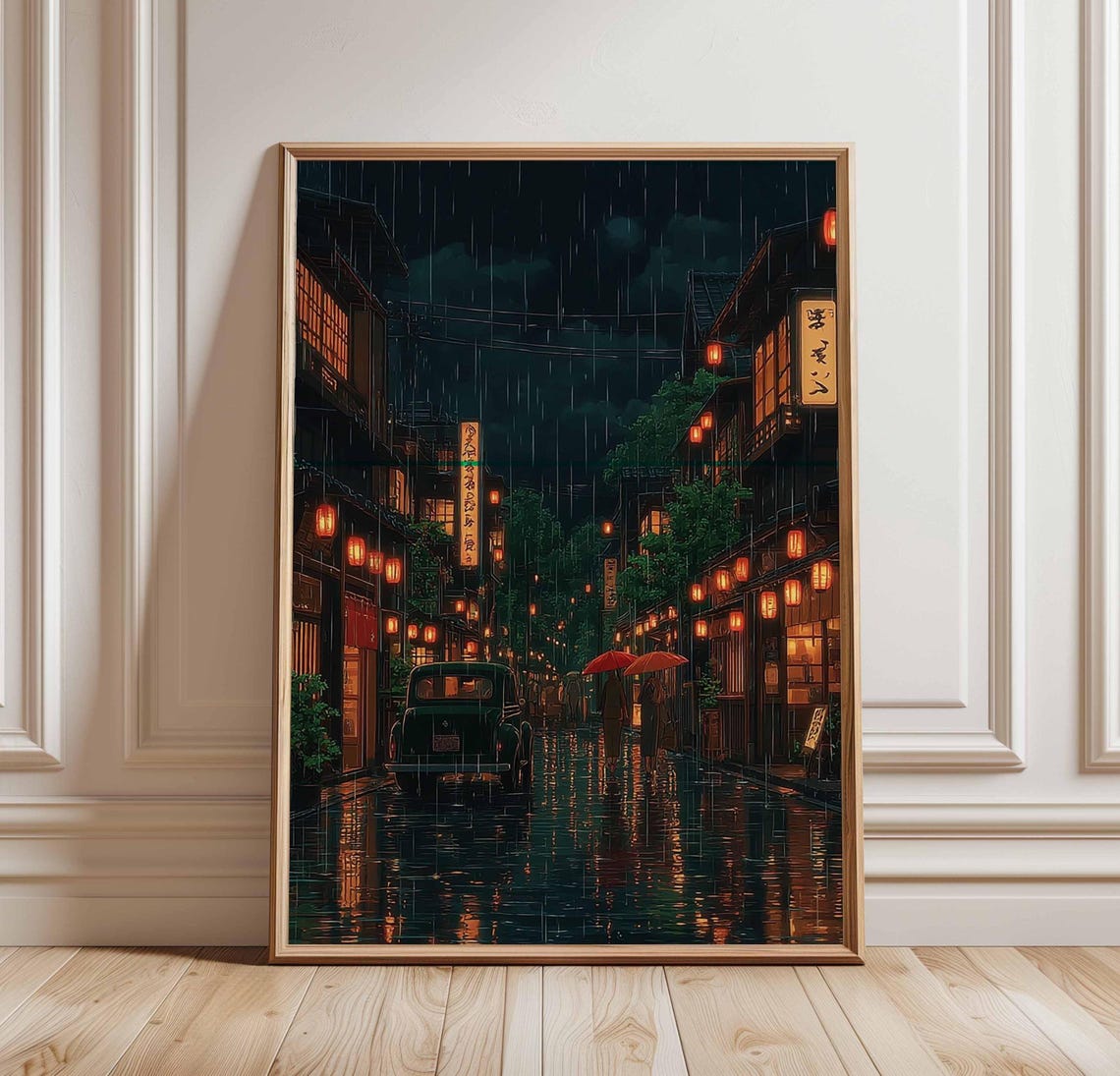 Rainy Japanese Street Glowing Lantern Night Scene Kyoto Poster