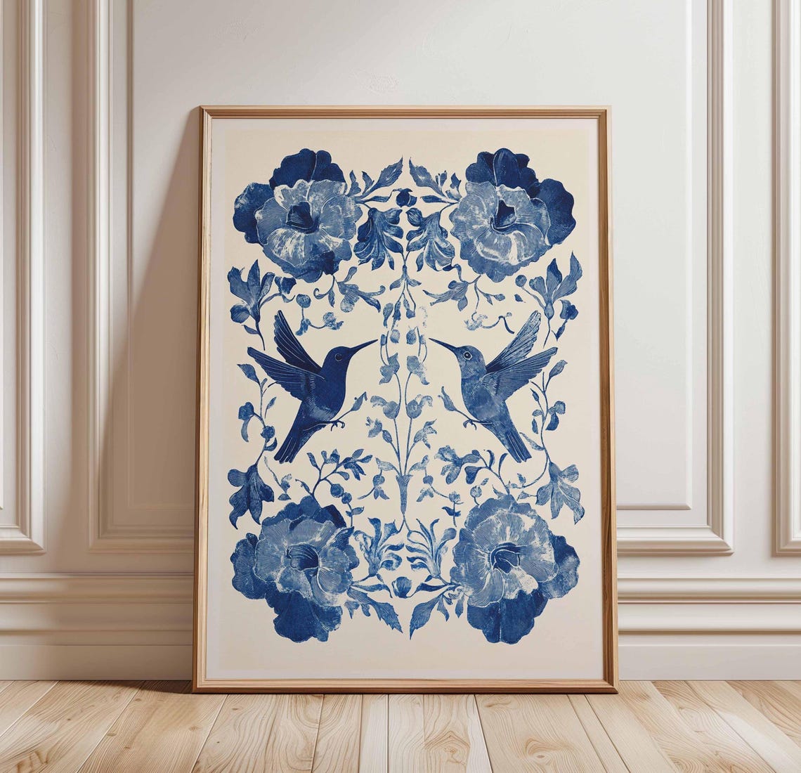 Blue and White Hummingbirds Vintage Botanical Floral Art Poster