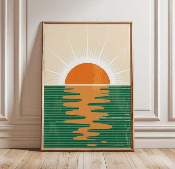 Sunset Ocean Poster Minimalist Coastal Wall Art Retro Sun Print Sea Landscape Artwork Beach Decor Modern Summer