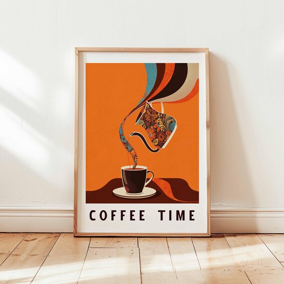 Coffee Time Floral Patterned Kettle Pour Orange Kitchen Poster